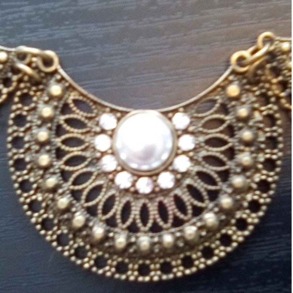 Antique Gold Tone Filigree Bib Pendant, Bohemian Statement Piece - Picture 4 of 6